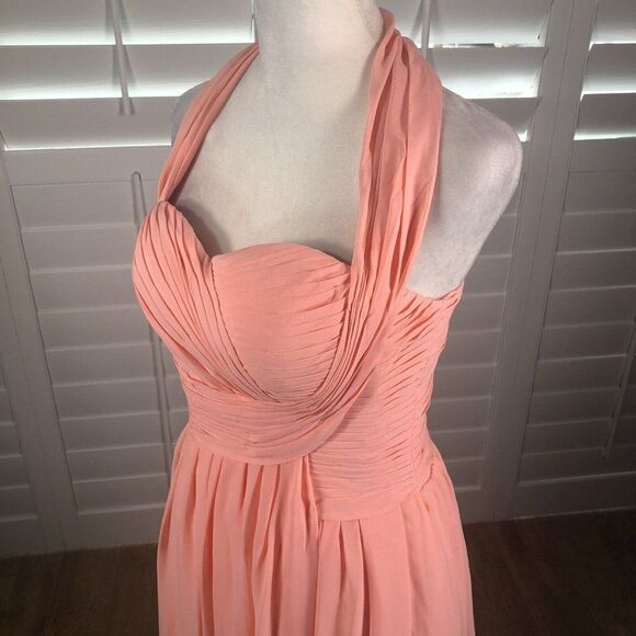 Peach Chiffon Cocktail Dress 6 Bridesmaid Homecoming Pleated Bodice Halter - Picture 10 of 11